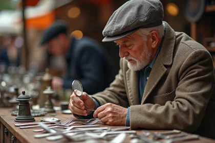 Homme &acirc;g&eacute; inspectant une fourche en argent au march&eacute; aux puces