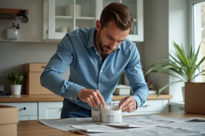 Homme emballant des verres dans du papier journal dans une cuisine moderne