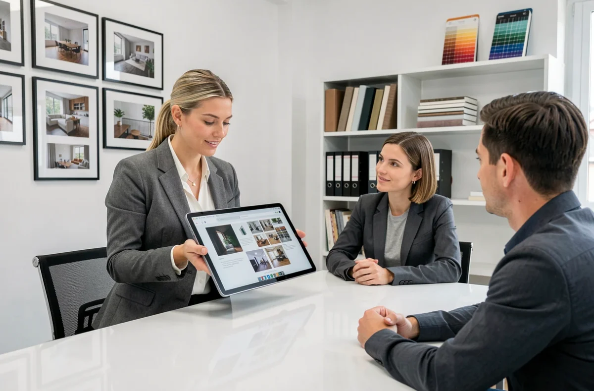 Consultante de ID Deco Conseil présentant un tableau de tendances numériques à des clients dans un bureau de conseil en décoration dans l'Ain