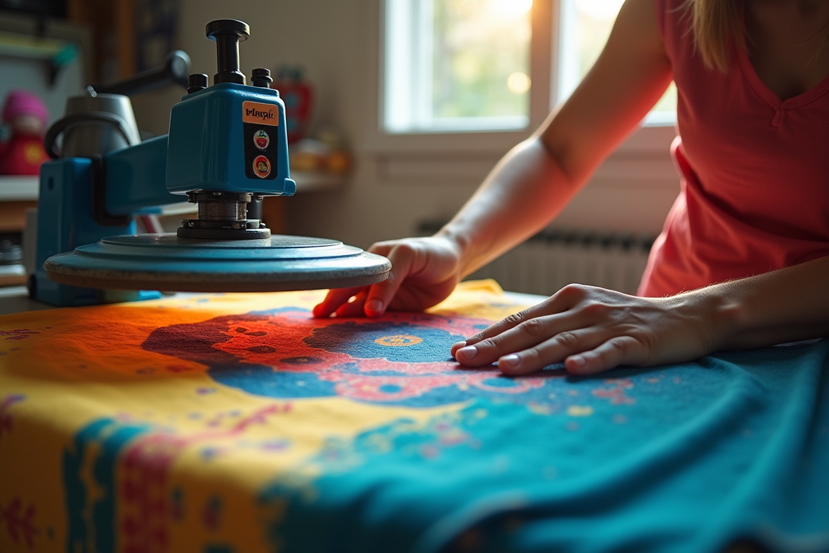 Personne utilisant une presse à chaud pour fixer de l'encre sur un t-shirt coton