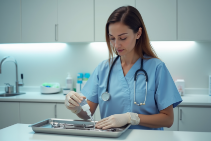 Infirmière en blouse bleue désinfectant des instruments médicaux