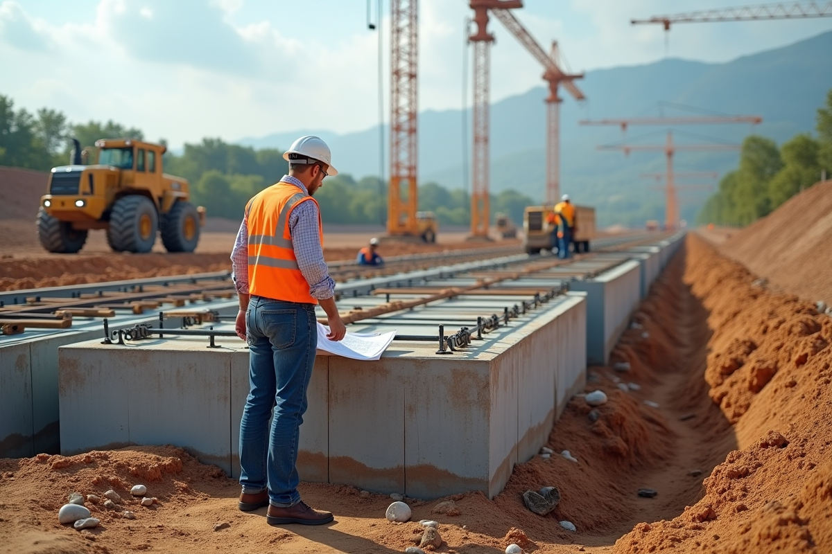 Ingénieur civil inspectant fondations en béton armé sur terrain mou