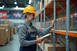 Homme en tenue de chantier inspectant un échafaudage robuste