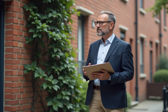 Gestionnaire immobilier inspectant un mur extérieur d'immeuble