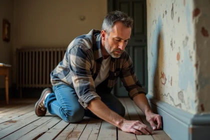 Homme d'&acirc;ge moyen inspectant un mur ancien dans une maison fran&ccedil;aise