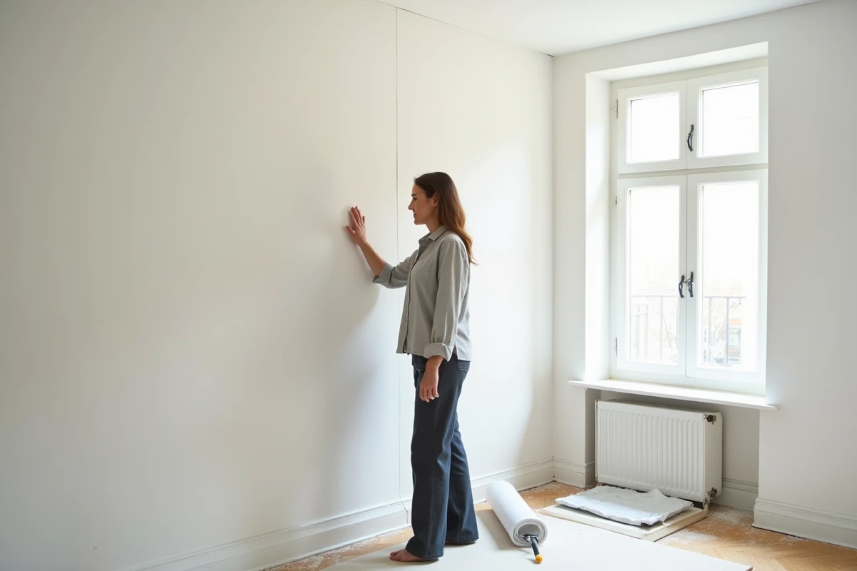 Femme inspectant la surface d'un mur en placo isolant thermique fraîchement peint dans un appartement rénové
