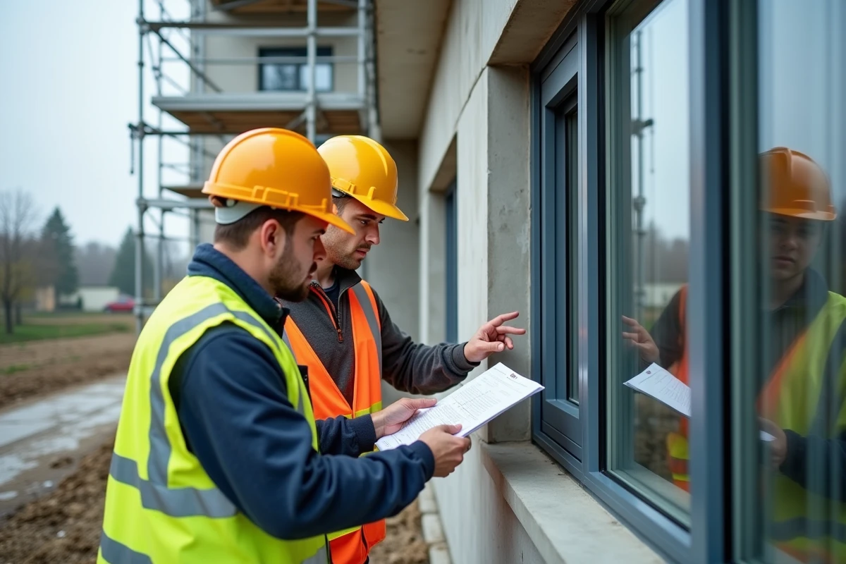 Deux ouvriers inspectant le cadrage et l'étanchéité d'une fenêtre en aluminium sur le chantier d'une maison neuve