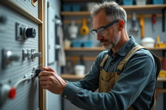 Homme en overalls installant une prise électrique dans un atelier organisé
