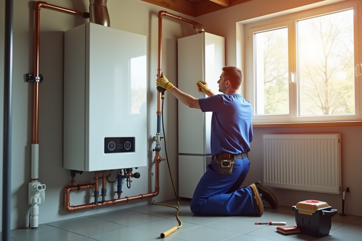 Technicien moderne installant une chaudière gaz efficace dans une pièce lumineuse