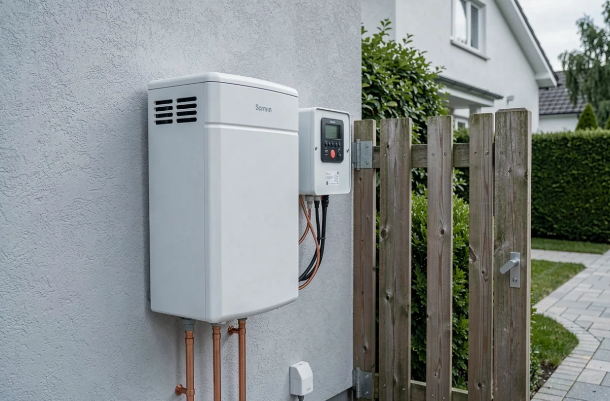 Installation extérieure d'une pompe à chaleur air-eau avec compteur électrique intelligent visible