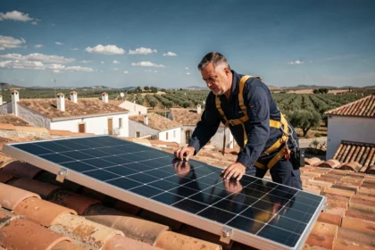 Technicien installant un panneau solaire sur un toit en tuiles en Espagne