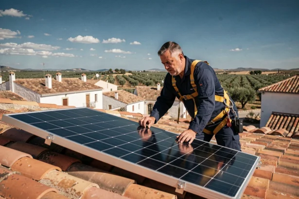 Technicien installant un panneau solaire sur un toit en tuiles en Espagne