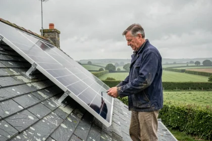 Artisan installateur de panneaux solaires sur le toit d'une ferme bretonne en pierre sous un ciel couvert typique de la région