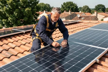 Installateur posant des panneaux solaires monocristallins sur un toit en tuiles d'une maison résidentielle en France