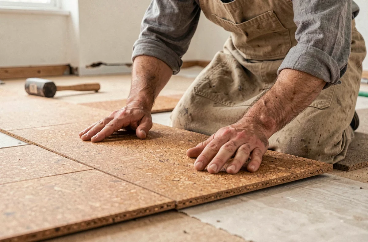 Artisan posant des dalles de parquet en liège naturel dans une pièce en cours de rénovation écologique