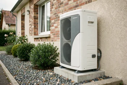 Pompe à chaleur air-air installée sur la façade extérieure d'une maison individuelle en France