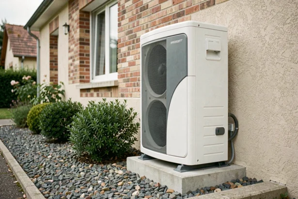 Pompe à chaleur air-air installée sur la façade extérieure d'une maison individuelle en France