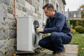 Technicien installant une pompe à chaleur sur la façade en pierre d'une maison bretonne à Rennes