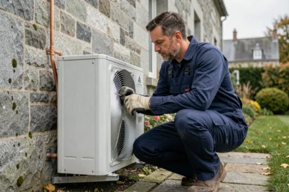 Technicien installant une pompe à chaleur sur la façade en pierre d'une maison bretonne à Rennes