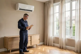 Technicien installant une pompe à chaleur air-air Daikin dans un salon moderne avec parquet en chevron