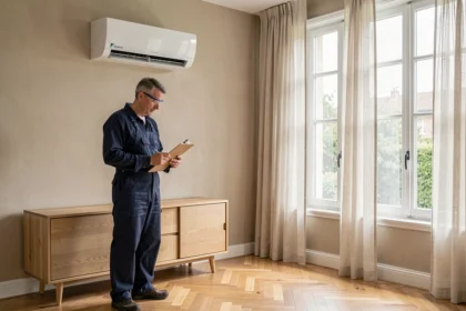 Technicien installant une pompe à chaleur air-air Daikin dans un salon moderne avec parquet en chevron