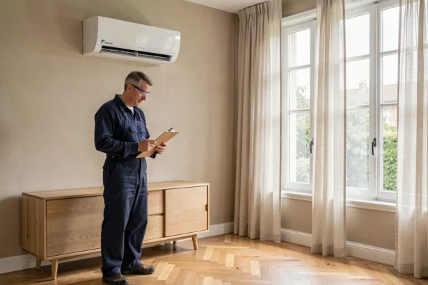 Technicien installant une pompe à chaleur air-air Daikin dans un salon moderne avec parquet en chevron