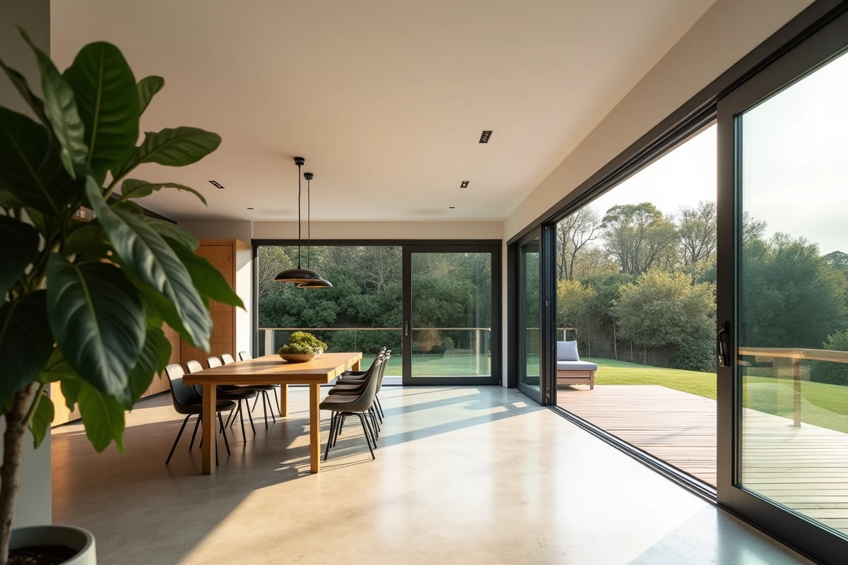 Intérieur d'une véranda moderne à toit plat avec sol en béton poli, table en chêne et baies vitrées coulissantes ouvertes sur terrasse en bois