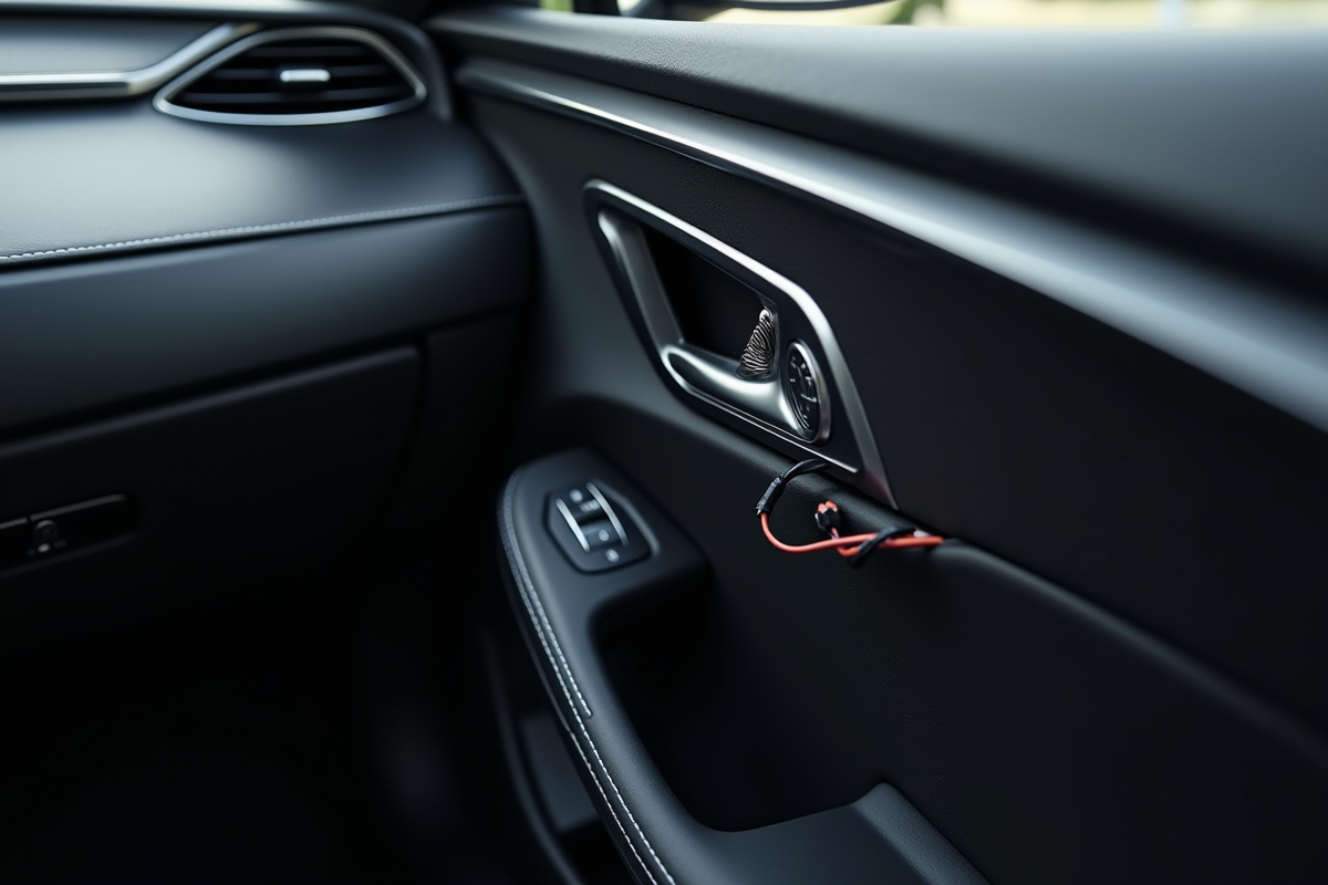 Intérieur moderne de voiture avec porte démontée et câblage exposé