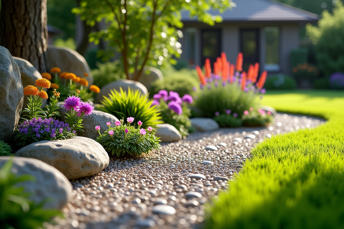 Petit jardin de roches ensoleillé avec plantes alpines et fleurs