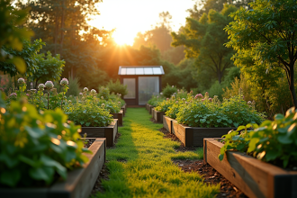 Jardin permaculture florissant avec serres et arbres fruitiers