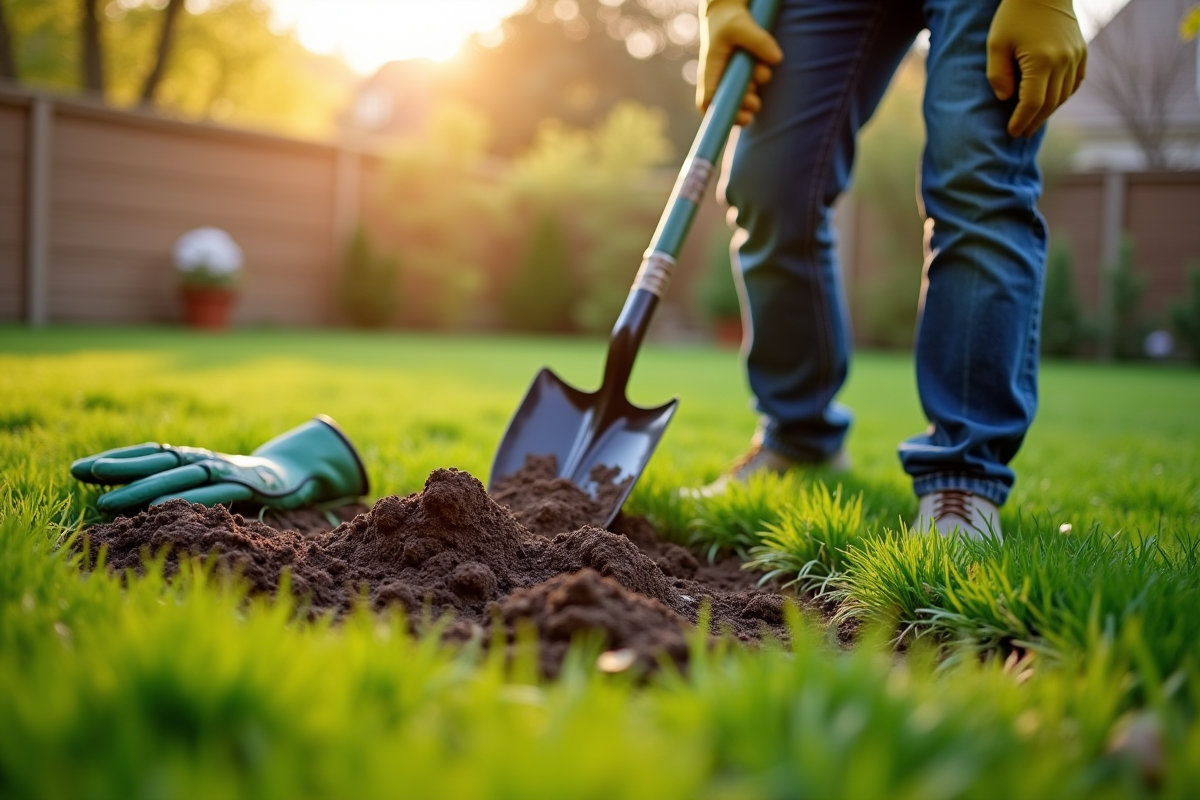 Personne utilisant une pelle pour retourner une pelouse verte en jardin