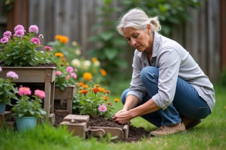 Femme en jardinage plantant des fleurs dans un lit en bois recyclé
