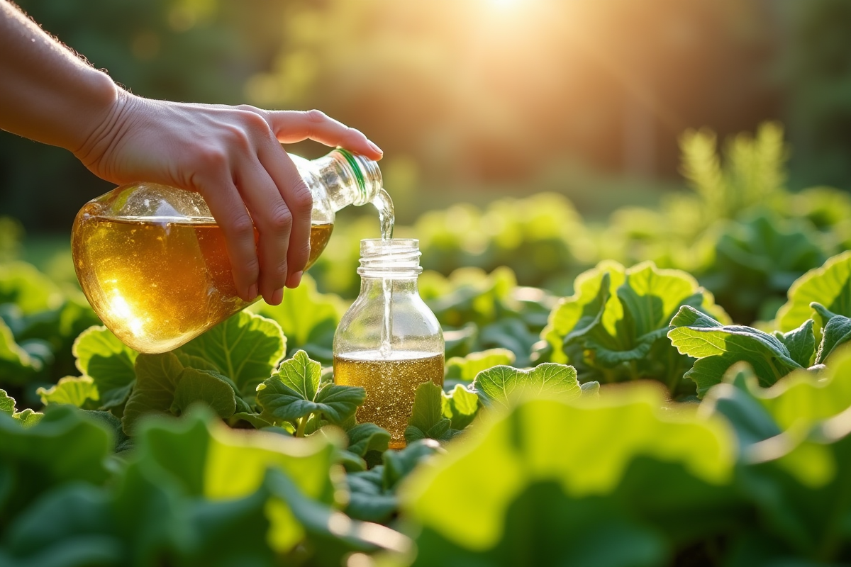Jardinier verse du vinaigre dans un spray dans un jardin verdoyant