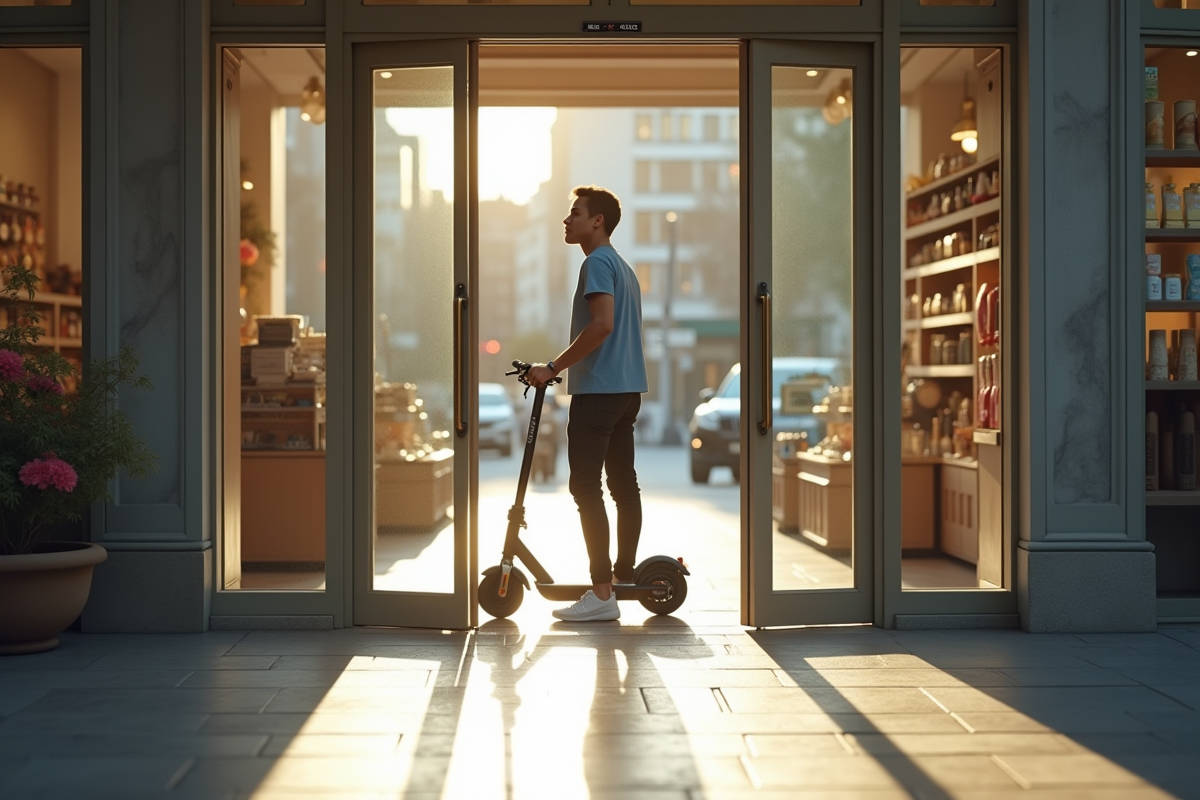 Jeune adulte entrant dans un magasin moderne avec un scooter électrique