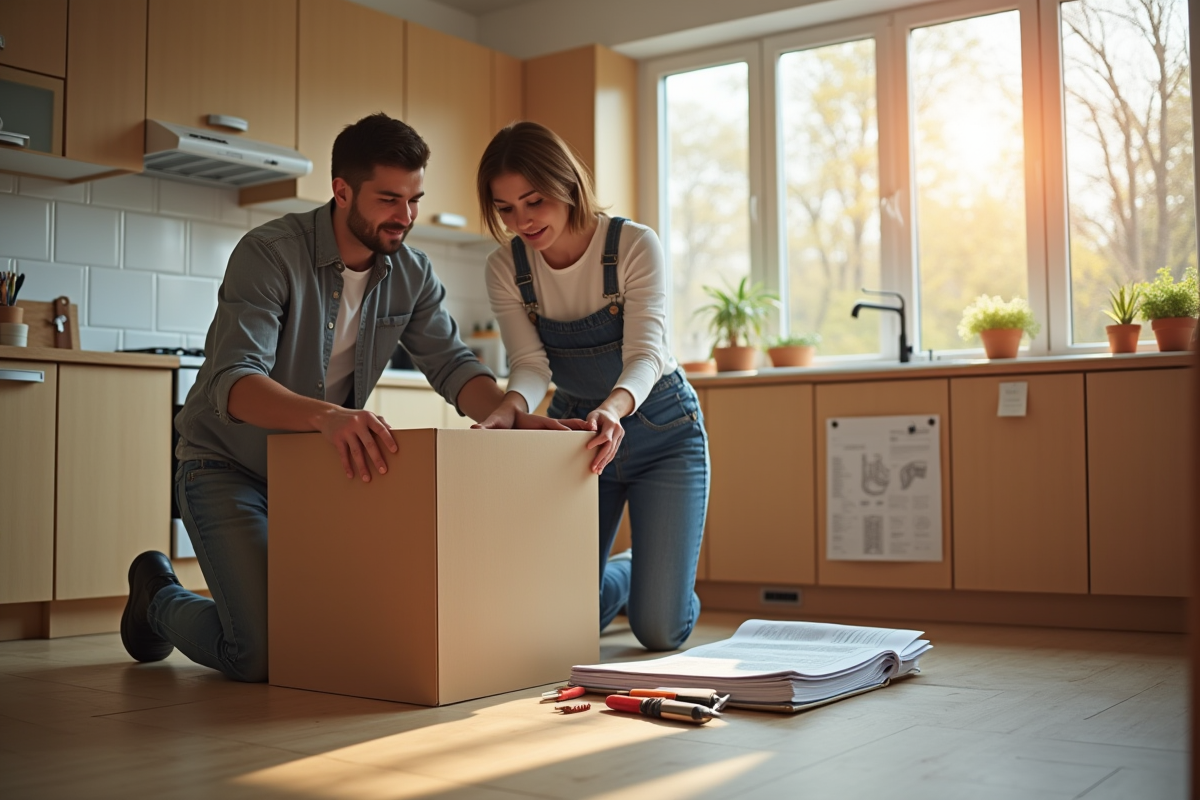 Jeune couple assemble des meubles de cuisine modernes