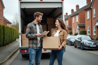 Jeune couple avec camion de demenagement dans une rue