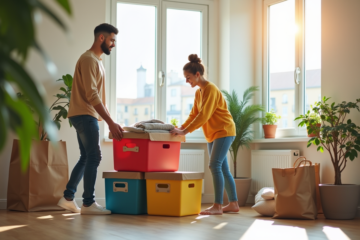 Jeune couple déménageant dans un appartement lumineux