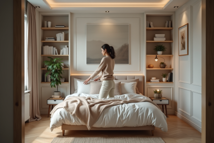 Jeune femme arrangeant des coussins dans une chambre cosy