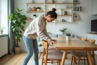 Jeune femme arrangeant une table dans un appartement lumineux