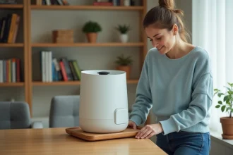 Jeune femme place un plateau sous un humidificateur moderne dans un salon lumineux