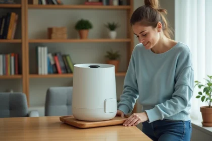 Jeune femme place un plateau sous un humidificateur moderne dans un salon lumineux