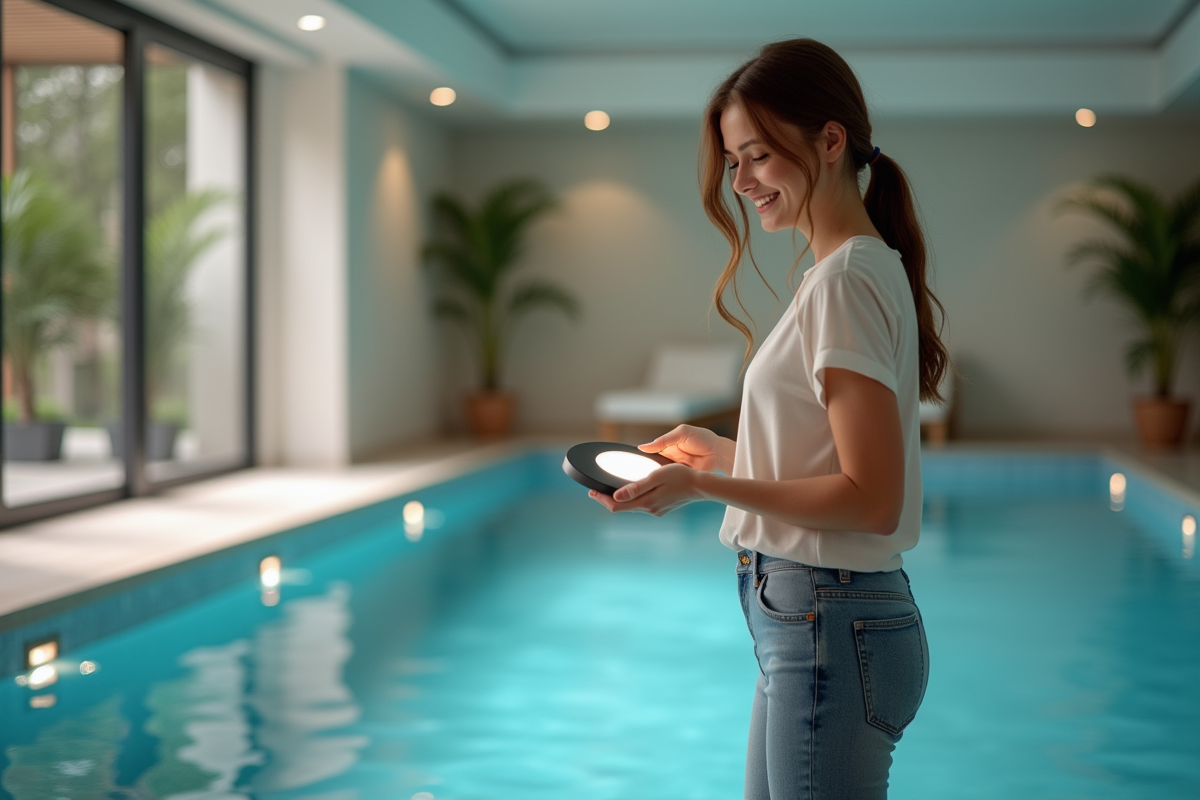 Jeune femme examine un luminaire de piscine intérieur en tenue casual