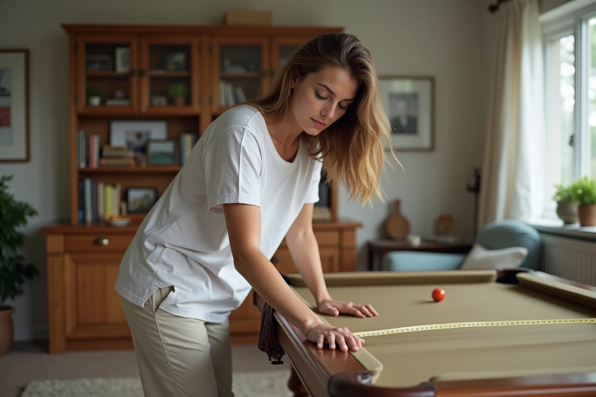 Jeune femme mesure une table de billard &agrave; la maison avec un ruban