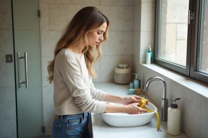 Jeune femme mesurant un lavabo de salle de bain moderne