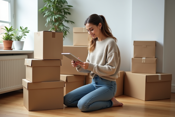 Jeune femme vérifiant sa liste de déménagement dans un appartement