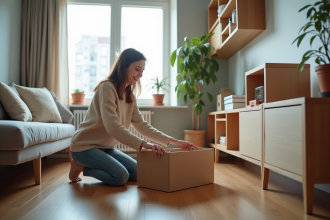 Jeune femme arrangeant des étagères modulables dans un salon moderne