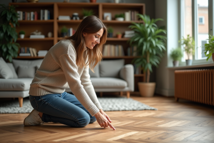 Jeune femme regardant un parquet en herringbone dans un salon moderne