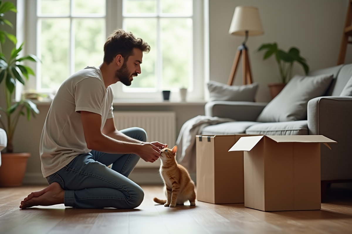 Jeune homme offrant des friandises à un chat lors d’un déménagement