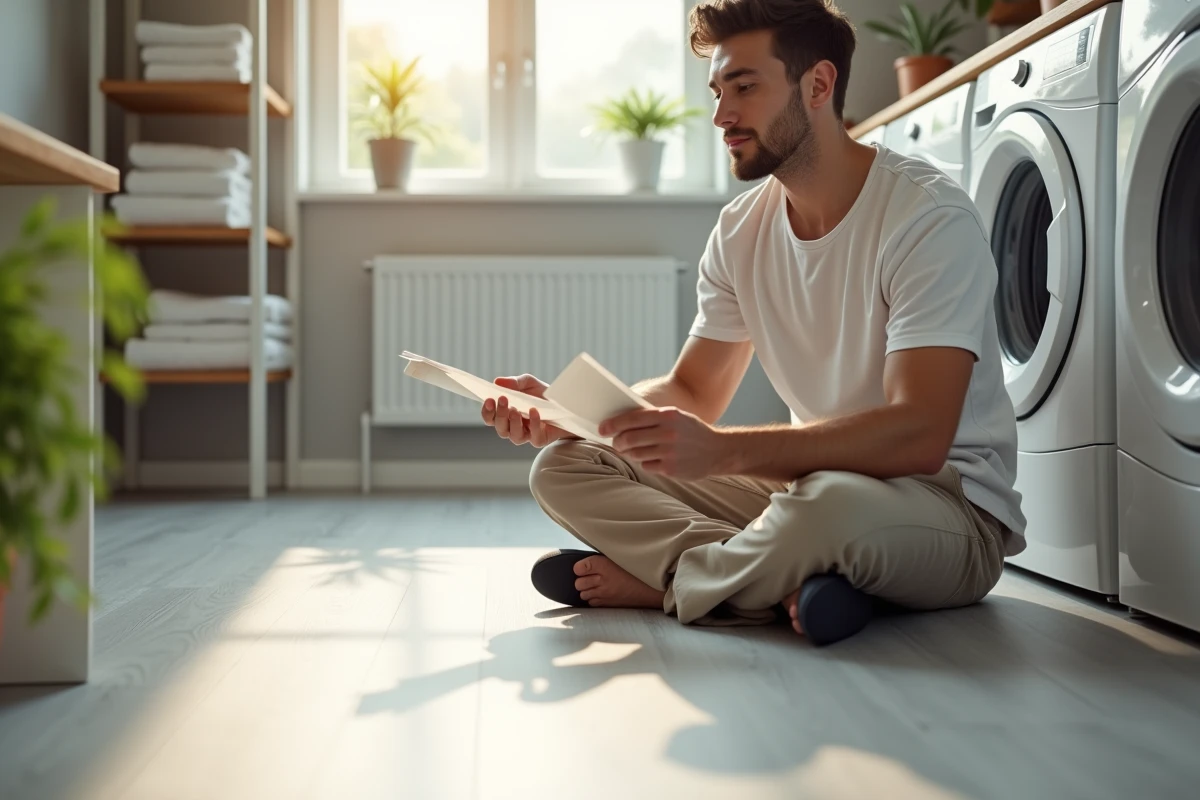 Jeune homme examinant un échantillon de sol PVC dans une buanderie