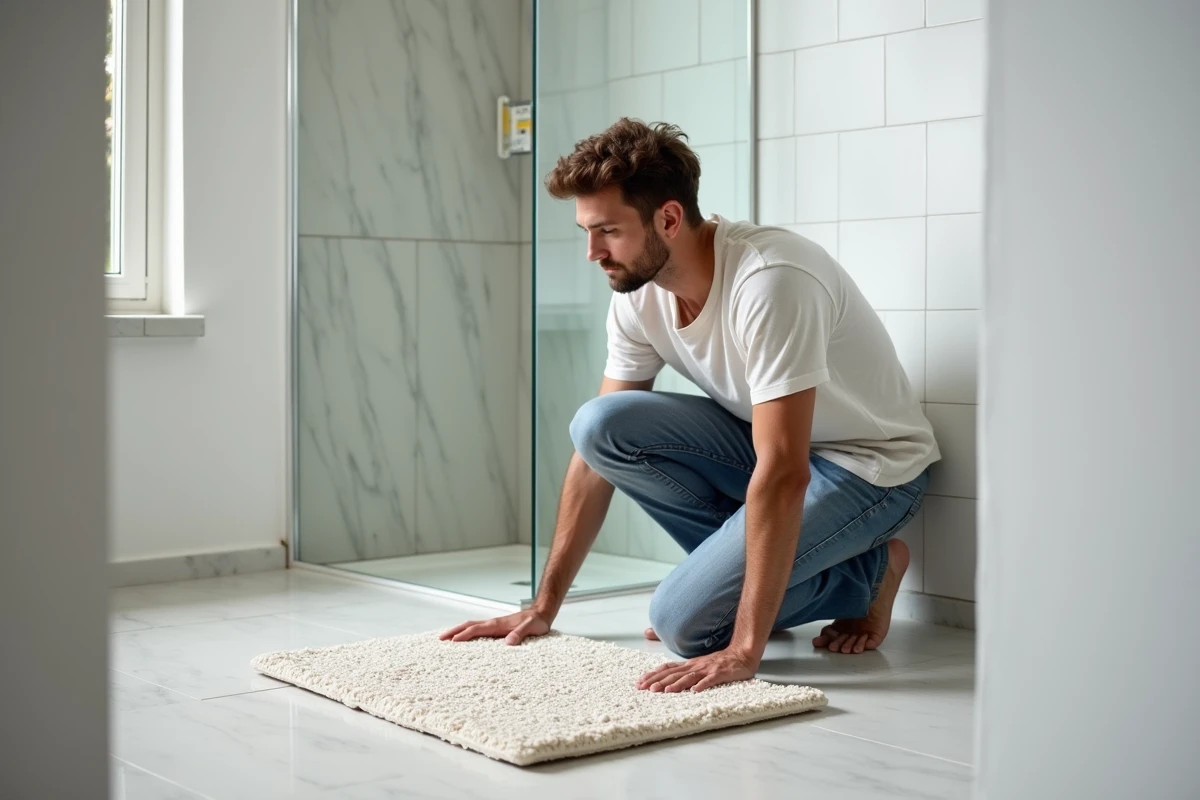 Jeune homme regarde attentivement un tapis de bain en diatomite au sol